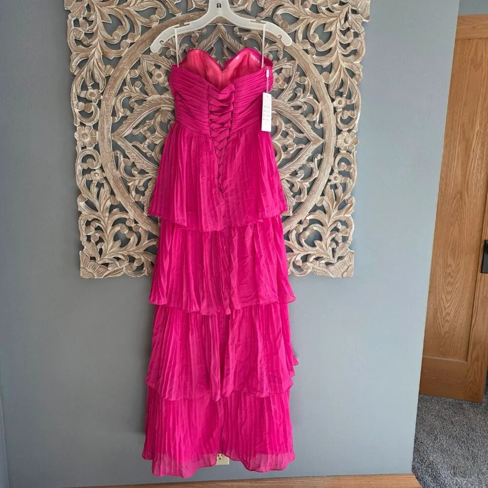 Pink Chiffon strapless Pleated A-line Tiered Maxi Prom Dress Size 2 - Picture 7 of 9
